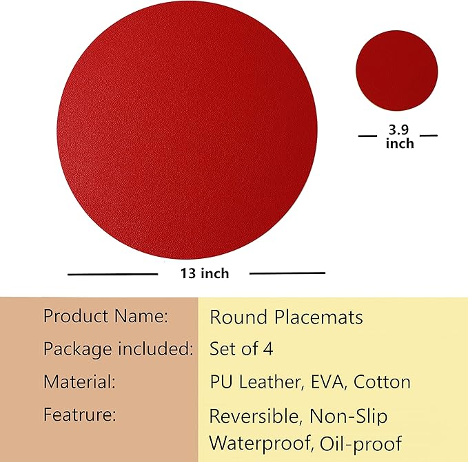 Wipeable Placemats and Coasters Leather Table Mats Waterproof Heat-Resistant Easy to Clean for Dining Table Set Kitchen Table Set of 4, Red