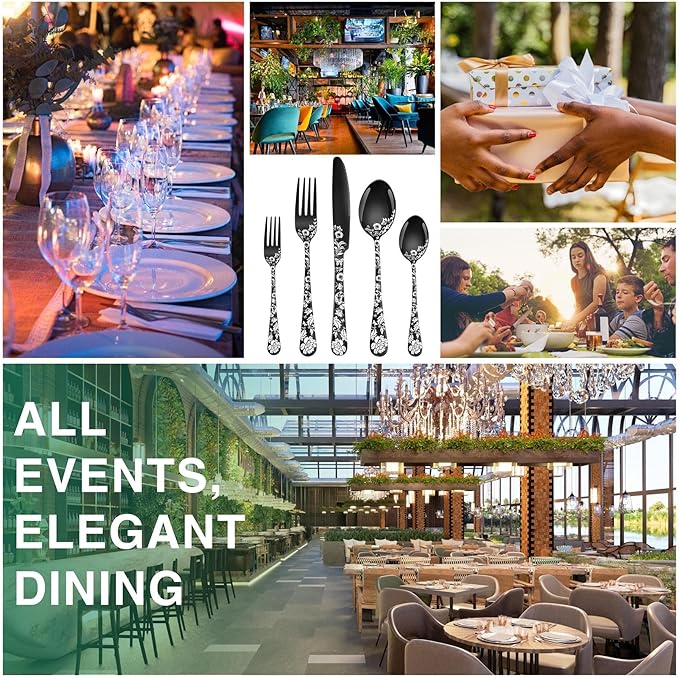 Vilihkc 20-Piece Peony Flower Pattern Design Silverware Set, Stainless Steel Flatware Set for 4, Black Cutlery, Mirror Polished Utensils, Dishwasher Safe