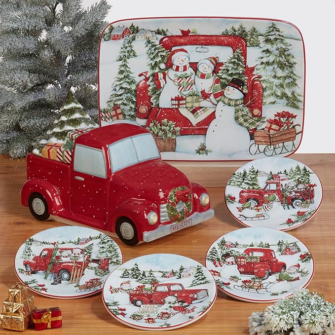 Certified International Red Truck Snowman 6" Canape/Luncheon Plates, Small, Multicolor, Set of 4 (Pack of 3)