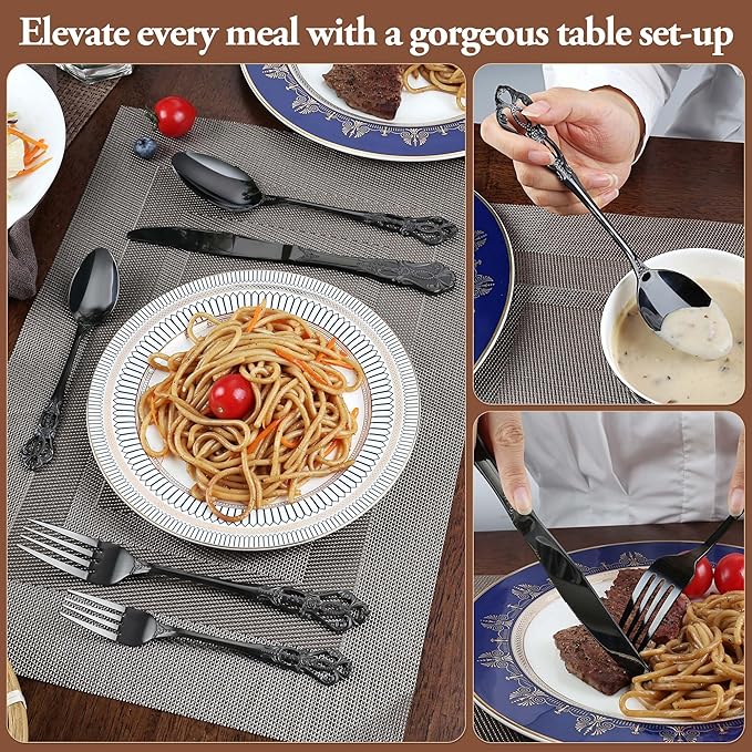 Black Silverware Set, 30 Pieces Retro Royal Silverware Set for 6, Gothic Decor Stainless Steel Flatware Set Including Fork Spoon and Knife, Dishwasher Safe, Black
