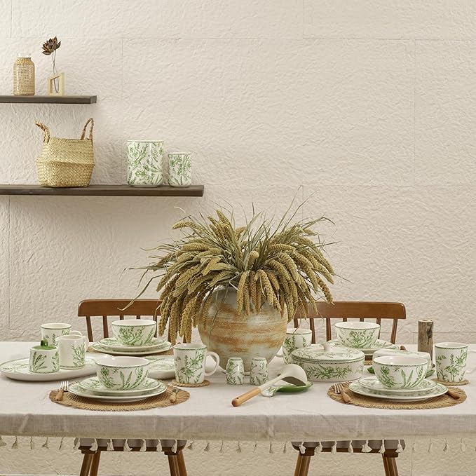 Bico Green Garden Toile De Jouy Ceramic Sugar and Creamer Set, Sugar Bowl with Lid, Cute Container for Coffee Bar, Kitchen Countertop Accessories, Microwave and Dishwasher Safe