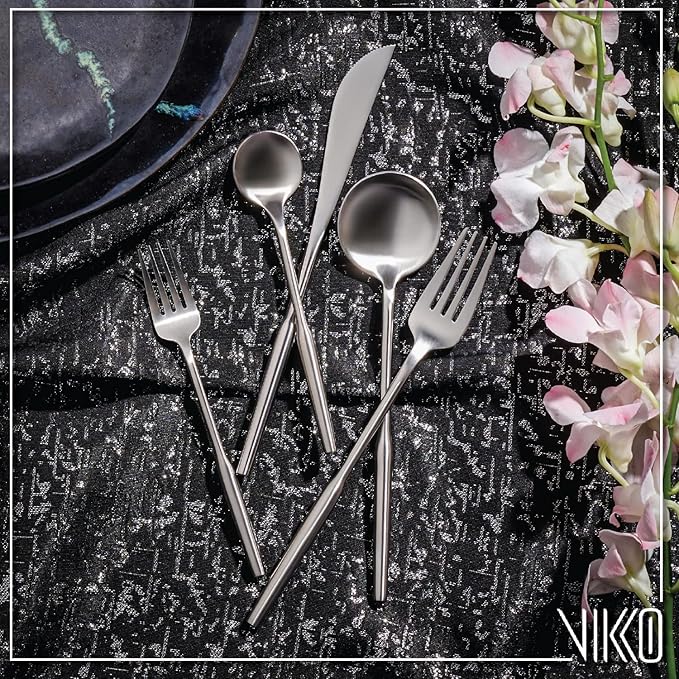 Vikko Dine Modern Silverware Set: Unique Brushed Stainless Flatware Set - Satin Matte - 18/10 stainless steel flatware For Upscale Dining and Entertaining - 20 Piece Cutlery Set - Service for Four (4)