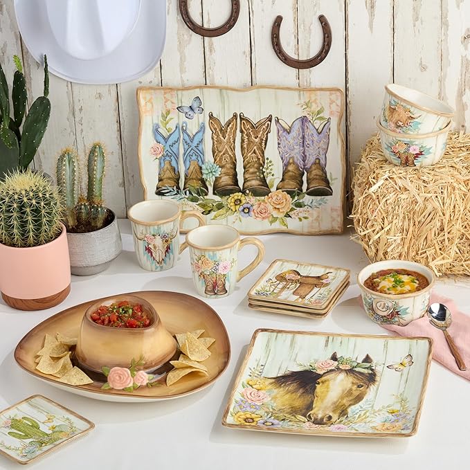 Rosewood 6-Inch Canape Plates, Set of 4, Western-Inspired Designs with Floral Cowboy Boots, Saddle, Cactus & Horse, Rustic Wood-Grain Background, Durable Ceramic for Appetizers & Desserts