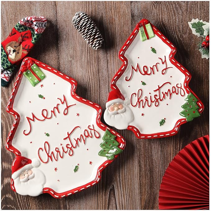 12.5 Inches Big Snacks Appetizer Trays Set, Christmas Tree Dessert Serving Dishes, Snack Platter, Food Cereal Salad Bowl, Santa Claus High Relief Bowl Ceramic Plate