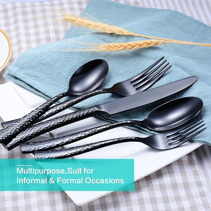 Flatware Set Stainless Steel Cutlery Set Silverware Set Black Hammered Mirror Finished 40 Pieces Home Event Wedding Use Service for 8