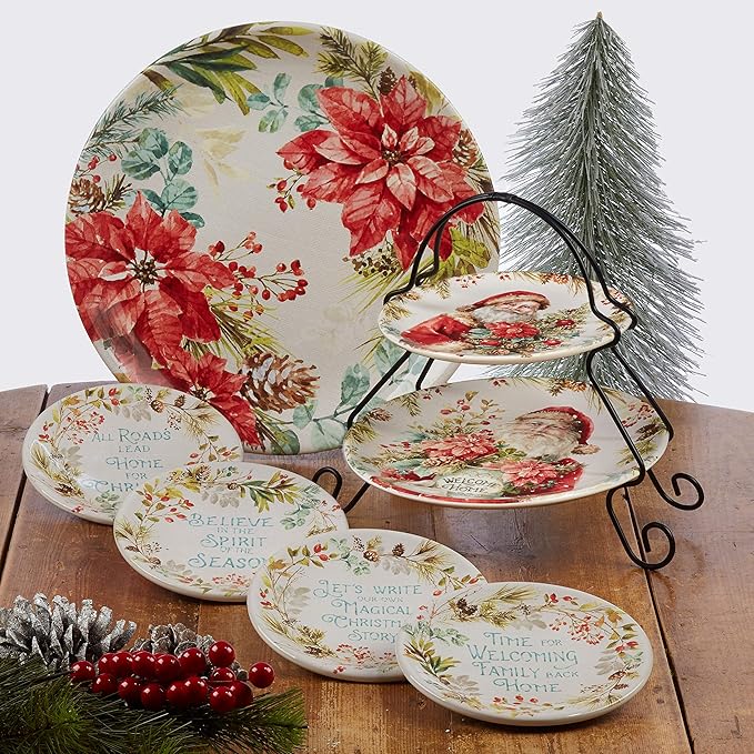 Christmas Story Canape Plates – Set of 4 6-Inch Holiday Luncheon Plates with Heartfelt Sayings – Ceramic Christmas Appetizer Dishes with Winter Greenery & Scripted Seasonal Messages