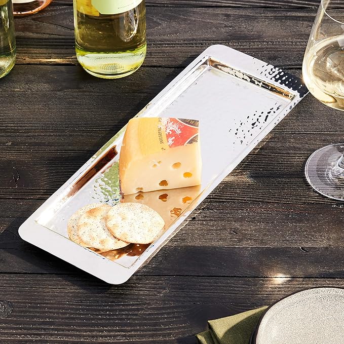 Elegance Stainless Steel Hammered Rectangular Tray, Small, 13.75 by 4.5-Inch, Silver