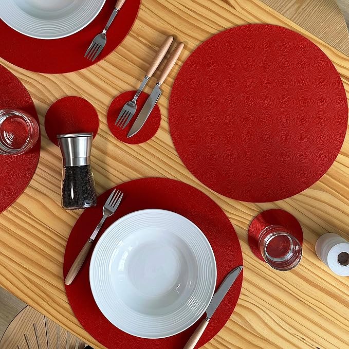 Wipeable Placemats and Coasters Leather Table Mats Waterproof Heat-Resistant Easy to Clean for Dining Table Set Kitchen Table Set of 6, Red