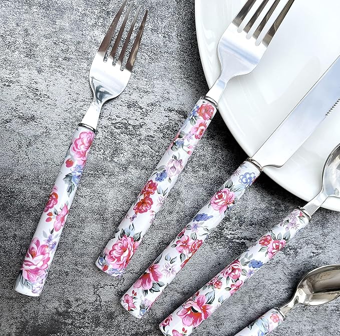 Elegant Peony Flower 20-Piece Stainless Steel Flatware Set – Durable, Modern Cutlery set, Service for 4 People, Perfect for Home, Weddings, Parties, and Everyday Use (Plastic Handle, Dishwasher Safe)