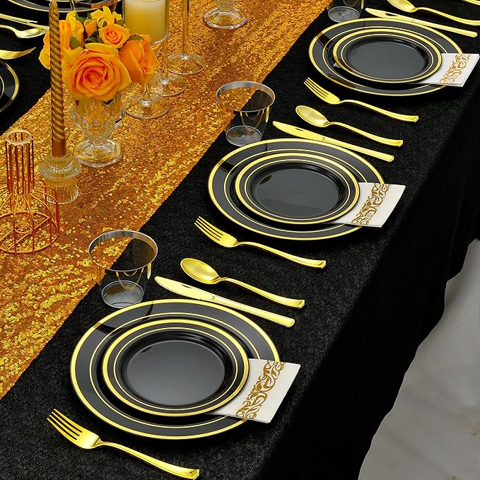 350 PCS Black and Gold Dinnerware Set for 50 Guests, Black Plastic Disposable Plates with Gold Rim for Party -50 Dinner Plates, 50 Dessert Plates, 150 Silverware Set,50 Napkins and 50 Cups