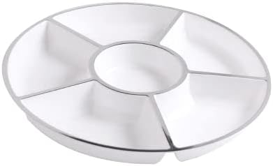 6-Section Divided Round White Tray with Silver Rim – Serving Platter with Compartments for Snacks, Appetizers, Desserts, Candy – Elegant and Durable for Parties, Events, Everyday Dining (8)