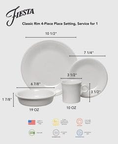 Fiesta® 4-Piece Classic Rim Place Setting – Durable Ceramic, Lead-Safe, Dishwasher/Microwave/Oven Safe – Made in USA Dinnerware - White