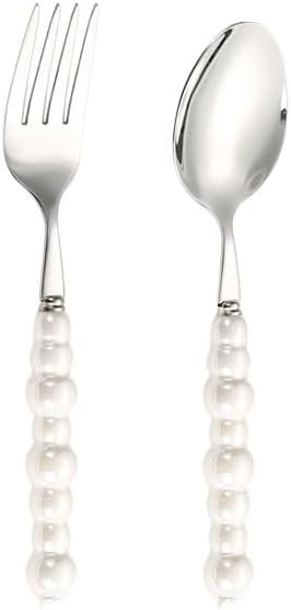 Silverware Set, 2/8/12/16/20/24pcs Retro Light Luxury Ceramic Pearl Handle 304 Stainless Steel Knife, Fork And Spoon Tableware Set, Home Cutlery Flatware Set(White,24 Pieces for 12)
