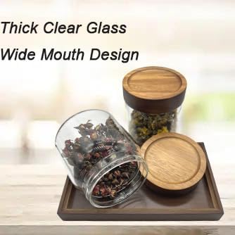 Clear Glass Storage Canister with Airtight Wooden Screw Lid 25oz/750g 2 PACK with Tray,Decorative Container Jar for Coffee,Spice,Candy,Salt,Cookie,Condiment,Pepper,Sugar,Overnight Oatmeal