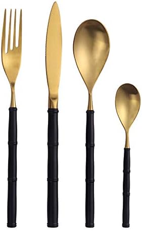 Stainless Steel Flatware serving set,Home Kitchen Eating Tableware Set,Dishwasher Safe,For Home Kitchen Restaurant Hote 4/16/24 Piece Creative 304 Stainless Steel Knife And Fork Black Gold Bamboo West