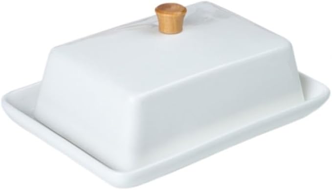 Butter Dish Creative European Style Simple Ceramic Butter Box with Lid Plate Dish Wooden Handle Snack(Small)