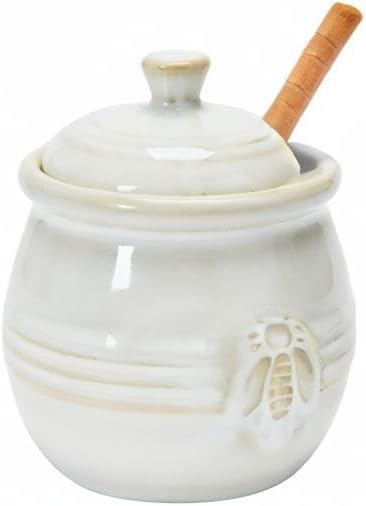 Creative Co-Op Farmhouse Embossed Stoneware Honey Pot with Wood Honey Dipper, White