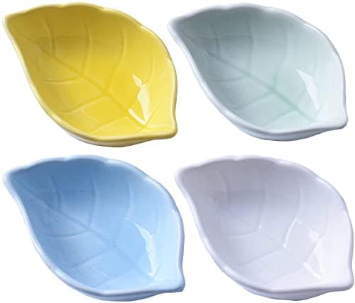 Leaves Shaped Ceramics Seasoning Dishes/Tea Bag Holders/Ketchup Saucer/Appetizer Plates/Vinegar Spice Salad Soy Sushi Wasabi Seasoning Dipping Bowls, Set of 4