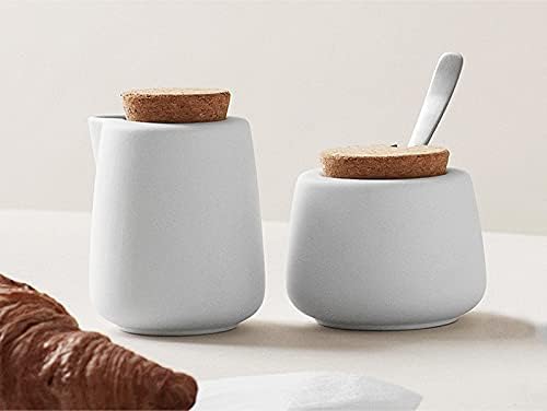 Viva Nicola White Sugar and Creamer Set – Porcelain Coffee Creamer & Sugar Bowl with Cork Lid and Spoon, 7oz / 200ml Milk & Sugar Set for Coffee Stations and Tea Serving