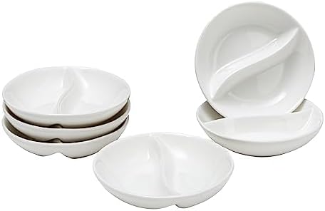 Vikko Mini White Sectional Dish, Set of 6 Porcelain Dipping Sauce Bowls, Small Serving Dish for Condiments, Stackable Round Spice Bowls