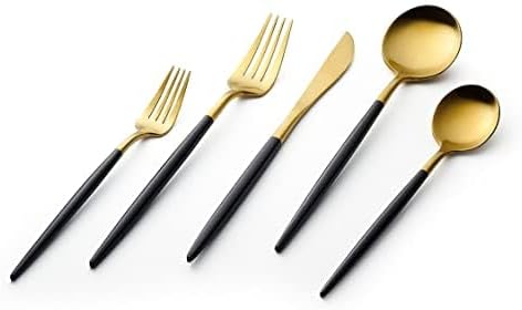Vikko Decor Modern Silverware Set, Matte Black and Gold Flatware Set, 18/10 Stainless Steel, Elegant Long Handled Cutlery, Two Toned Silverware for Upscale Dining, 20 Pc Set, Service for 4