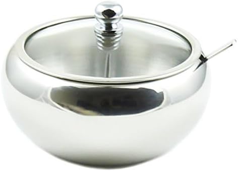 Zoie + Chloe Stainless Steel Sugar Bowl with Glass Lid - Bonus Spoon - 2 Cup Capacity (500ml)