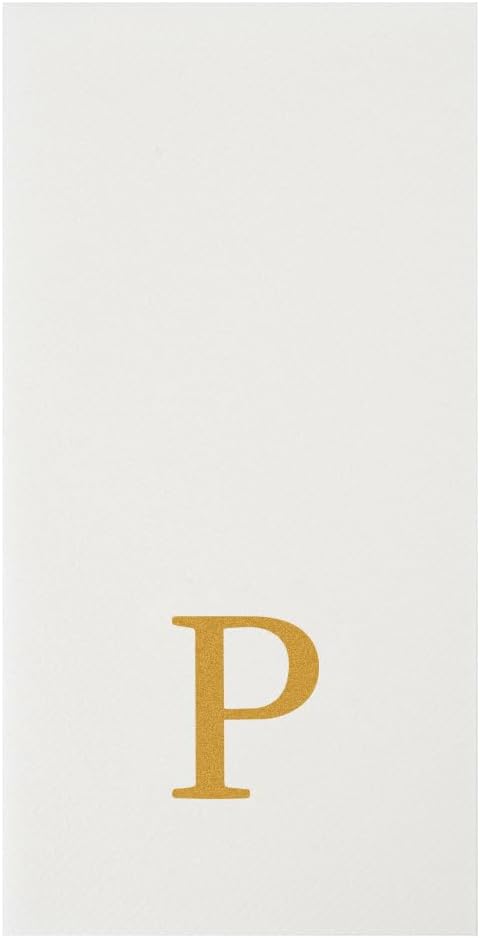 Luxenap 15.8 X 7.9 Inch Linen-Feel Guest Towels, 50 Lettered Hand Towels - Gold Letter 'P', Sans Serif Font, White Paper Dinner Napkins, airlaid, For Restrooms And Tables