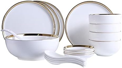 Table Service Crockery SetPorcelain Kitchen Dinnerware Set Ceramic Tableware White Porcelain Dinner Plate Set Kitchen Plate Ceramic Tableware Food Dishes Rice Salad Noodles Bowl Mug Cutlery Set (18 P