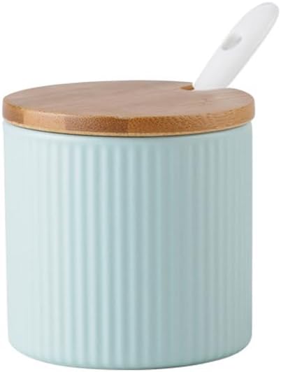 300ml Ceramic Sugar Bowl,Porcelain Salt Bowl Condiment Jar Spice Container with Bamboo Lids Porcelain Spoon,Spice Jar Seasoning Condiment Pot for Home Kitchen (Green)