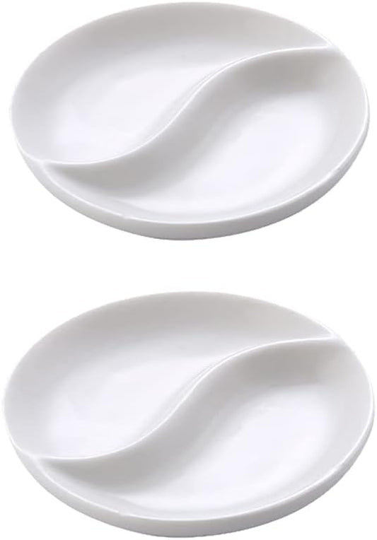 GSHLLO 2 Pcs Ceramic Divided Sauce Dishes 2 Compartments Appetizer Dish Dipping Sauce Bowls Side Dish Plates Soy Sauce Trays for Home Kitchen Restaurant