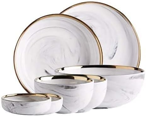 7PCS White Marble Ceramic Dinnerware Rice Salad Noodles Bowl Soup Plate Dinnerware Sets Dinnerware Kitchen Cooking Tool