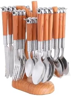 Wooden Handle Stainless Steel Flatware Set, 24 PCS Tableware Set with Storage Rack, Knife, Fork, Spoon for Home Kitchen Restaurant