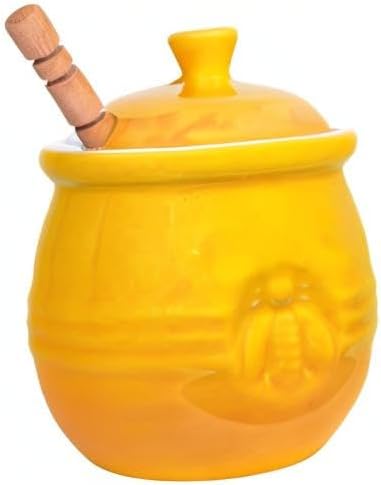 Creative Co-Op Yellow Stoneware Honey Pot with Lid & Wood Honey Dipper