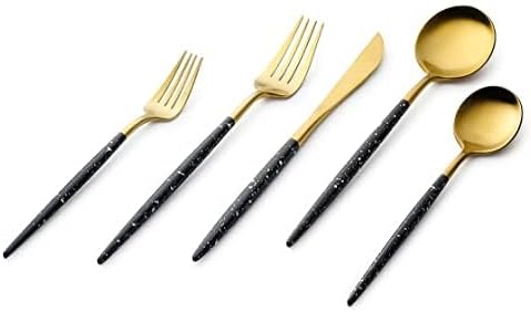 Vikko Decor Modern Silverware Set, Gold and Marbled Black Matte Cutlery, 18/10 Stainless Steel Flatware Set - Fancy Two Toned Silverware for Upscale Dining - 20 Pc Set - Service for Four(4)