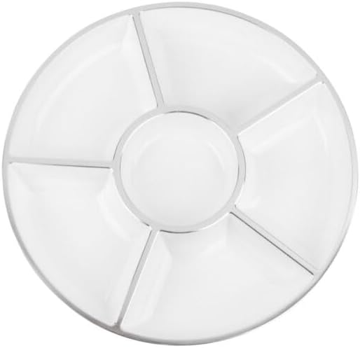 6-Section Divided Round White Tray with Silver Rim – Serving Platter with Compartments for Snacks, Appetizers, Desserts, Candy – Elegant and Durable for Parties, Events, Everyday Dining (16)