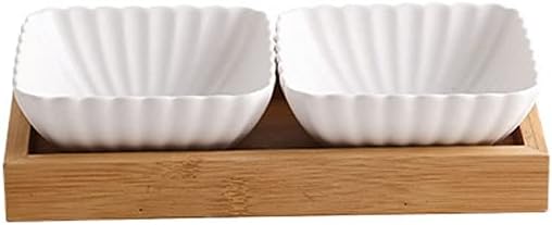 GeRRiT Snack Serving Dishes Soy Sauce Dish 2 Compartment Ceramic Dipping Bowls with Tray Snack Dessert Fruit Salad Bowls or Appetizer Plates Serving Sauce Dishes Dessert Dishes, White