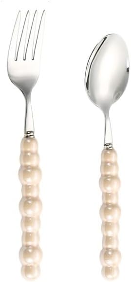 Silverware Set, 2/8/12/16/20/24pcs Retro Light Luxury Ceramic Pearl Handle 304 Stainless Steel Knife, Fork And Spoon Tableware Set, Home Cutlery Flatware Set(Beige,24 Pieces for 12)