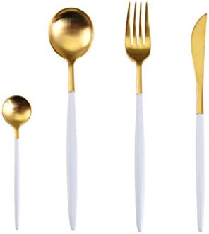 Lots 4pcs 304 Stainless Steel Tableware Dinner Spoon Fork Knife Flatware Serving Sets Spoons Forks Knives，White + Gold-4