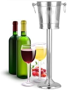 Vertical Striped Nickel Plated Majestic Wine & Ice Bucket with Steel Bucket Stand | Wine Chiller On Stand Kitchenware Bar Ware | Beverage Barware Accessories