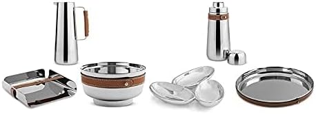 Nambe Tahoe Bar Tray | Stainless Steel Organizing Tray with Raised Edges and Leather Accent | Decorative Round Metal Serving Tray | 13in Removable Leather Accent
