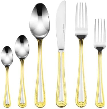 Venezia Collection 75-Piece Fine Flatware Set, Silverware Cutlery Dining Service for 12, Premium 18/10 Surgical Stainless Steel, 24K Gold-Plated (gold sets only) Hostess Serving Set (Beads)