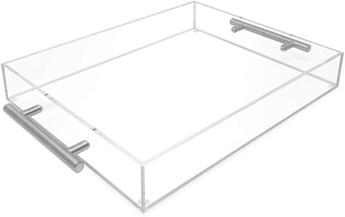 Isaac Jacobs Clear Acrylic Serving Tray (11x14) with Silver Metal Handles, Spill-Proof, Stackable Organizer, Food & Drinks Server, Indoors/Outdoors, Lucite Storage (11x14, Clear with Silver Handle)
