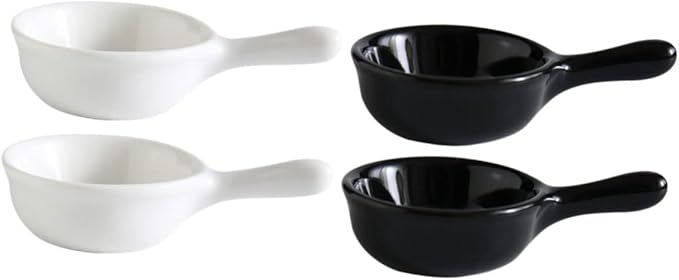 ABOOFAN Japanese Style Ceramic Dipping Sauce Dish Handle Mini Appetizer Plate for Snacks and Fruits Black and White 4-Piece Set for Kitchen Seasoning and Serving