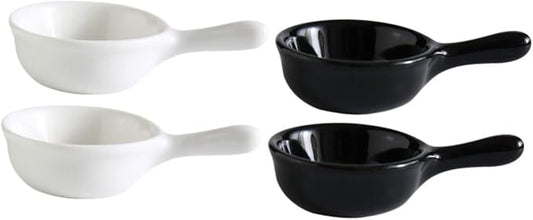 ABOOFAN Japanese Style Ceramic Dipping Sauce Dish Handle Mini Appetizer Plate for Snacks and Fruits Black and White 4-Piece Set for Kitchen Seasoning and Serving