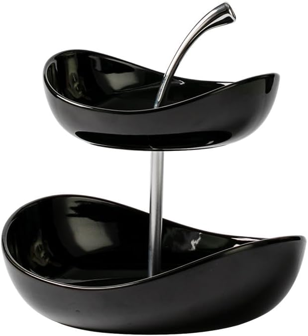Ceramic Tiered Fruit Bowl, Cute Decorative Snack Plate for Coffee Table, Layer Dessert Tray for Kitchen Counter, Christmas Serving Fruit Display (Black-Double layer)