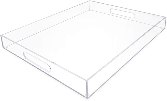 Isaac Jacobs Clear Acrylic Serving Tray (16x20) with Cutout Handles, Spill-Proof, Stackable Organizer, Space-Saver, Food & Drinks Server, Indoors/Outdoors, Lucite Storage Décor & More