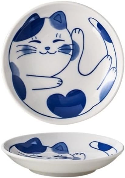 Japanese Sushi Sauce Plate Small Lucky Cat Pattern Soy Sauce Dish Mini Round Ceramic Glazed Plates for Appetizer Dessert Fruit(D)