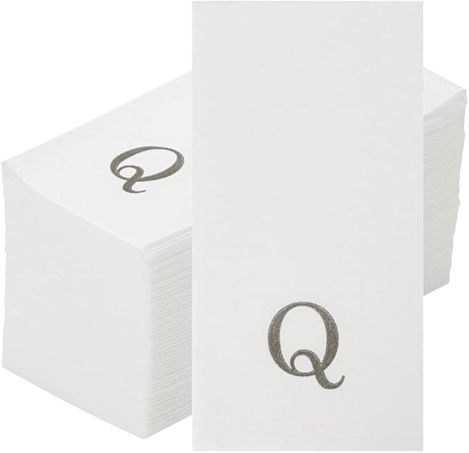 Luxenap 15.8 X 7.9 Inch Linen-Feel Guest Towels, 50 Lettered Hand Towels - Silver Letter 'Q', Sans Serif Font, White Paper Dinner Napkins, airlaid, For Restrooms And Tables - Restaurantware