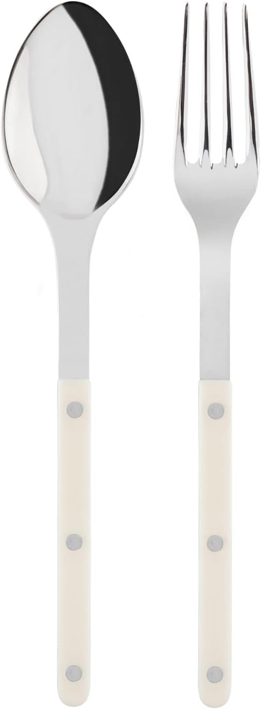 SABRE PARIS - 2-Piece Serving Set - Bistrot Collection - Large Fork & Large Spoon - Stainless Steel & Nylon - Dishwasher Safe - Ivory - Brilliant Finish