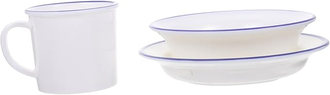 Kichvoe Retro Enamelware Dinnerware White Blue Rim Plate Bowl Cup Kit Kitchen Tableware for Home Camping Picnic Parties Serving Soup Salad Rice Noodles